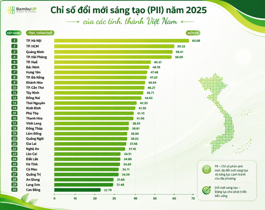 Điểm số Provincial Innovation Index 2025 của các tỉnh, thành Việt Nam